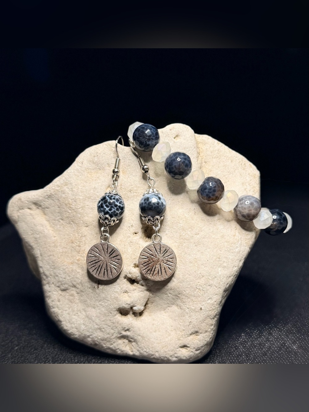 ✨Handcrafted✨ Blue Agate Drop Earrings with Sunburst Charm